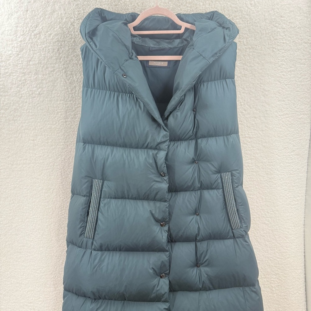 Peserico Long Hooded Puffer Vest Goose Down Feather Quilted Jeweled Trim Italy - Picture 5 of 16